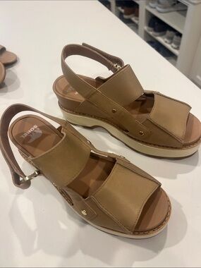Sorel Tan Leather Platform Slingback Sandals
